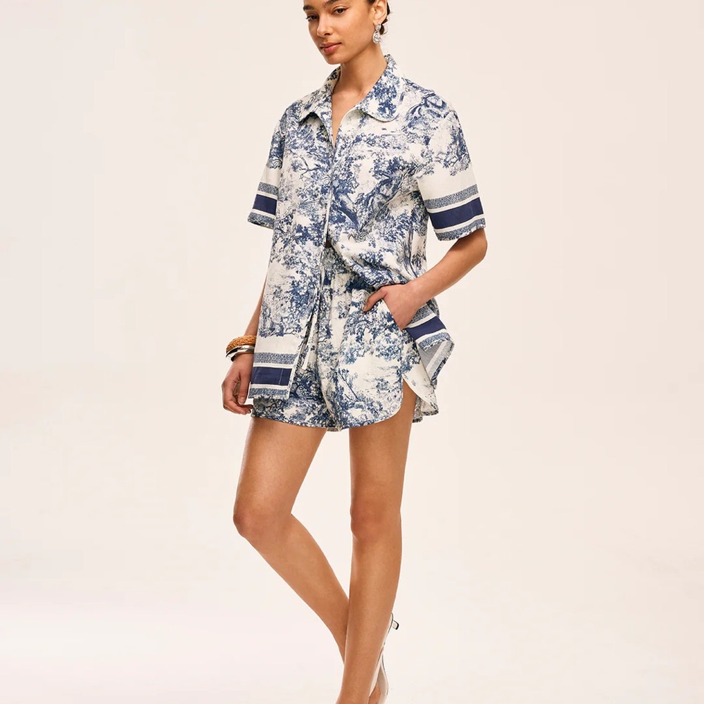 NWT Commense Printed Contrast Trim Shorts Set Blue and White